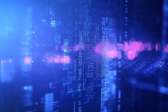 Abstract digital code display, futuristic interface, in a dark background with bokeh lights. Possible use Technology, innovation, and future concepts