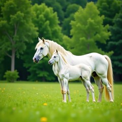White unicorn mare with a foal standing in a green meadow, nature, unicorn, horse