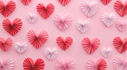 Pattern of Red and Pink Paper Hearts on a Pleated Pink Background