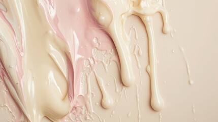 Obraz premium A close-up of thick, creamy white and soft pink paint dripping across a smooth surface. The glossy textures and delicate color blending create a minimalistic yet elegant abstract artwork. AI generated
