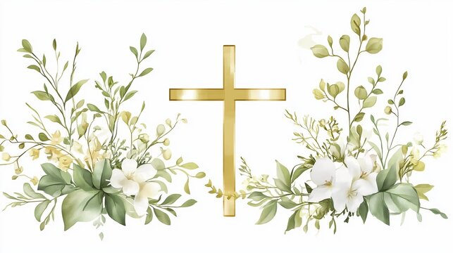  Floral cross illustration with gold and green botanical elements, religious faith concept