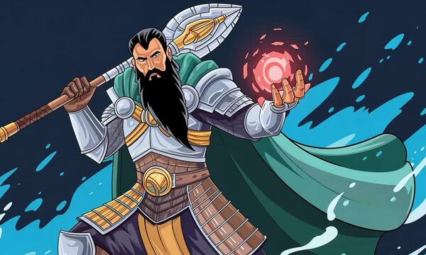 A warrior in ornate armor, with a long beard, holds a glowing object and decorated polearm amidst swirling energy.
