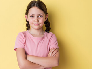 Obraz premium Confident girl with crossed arms smiling against yellow background