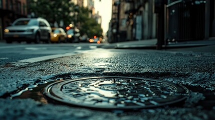 City Street After Rain: A Close-Up View of a Manhole Cover
