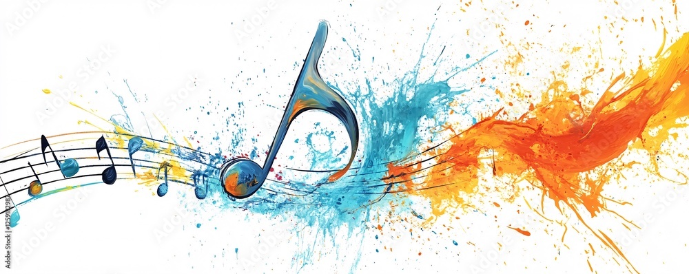 Poster colorful music notes exploding with blue and orange paint on white background