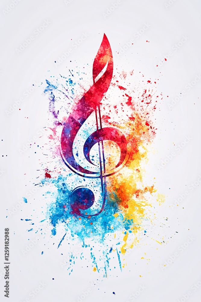 Aufkleber treble clef exploding with colorful paint splatters representing musical creativity