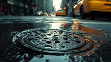 Urban Reflections: A Wet City Street Scene