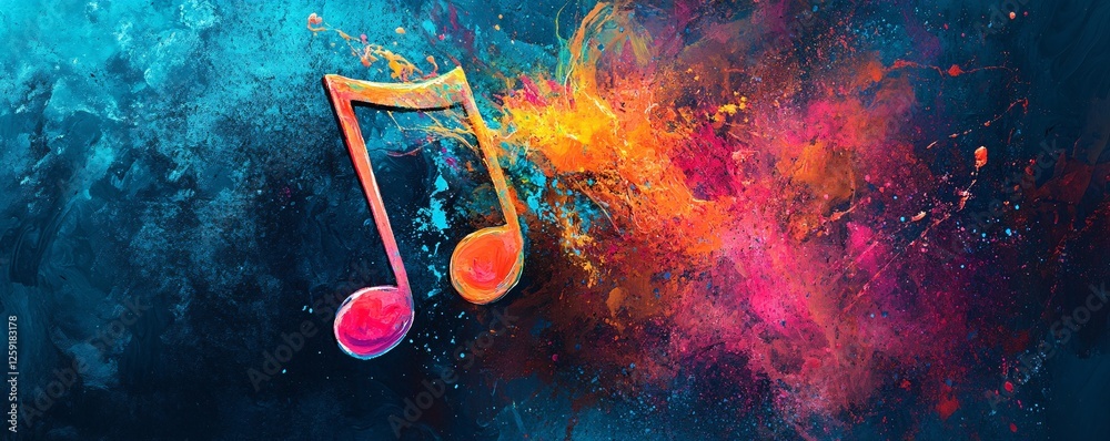 Poster eighth note exploding with colorful paint splatter on a blue background