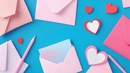 Love Letter Flat Lay: Pink Envelopes, Hearts, and Pencils on Blue Background