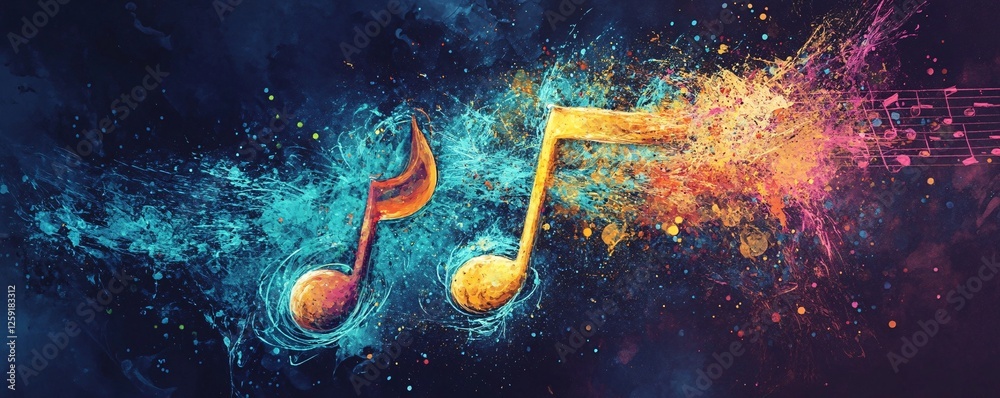Poster vibrant music notes bursting with dynamic energy against a dark backdrop