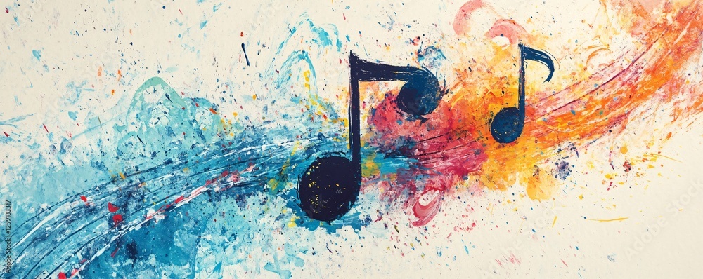 Aufkleber vibrant watercolor background with musical notes flowing on a textured artistic backdrop
