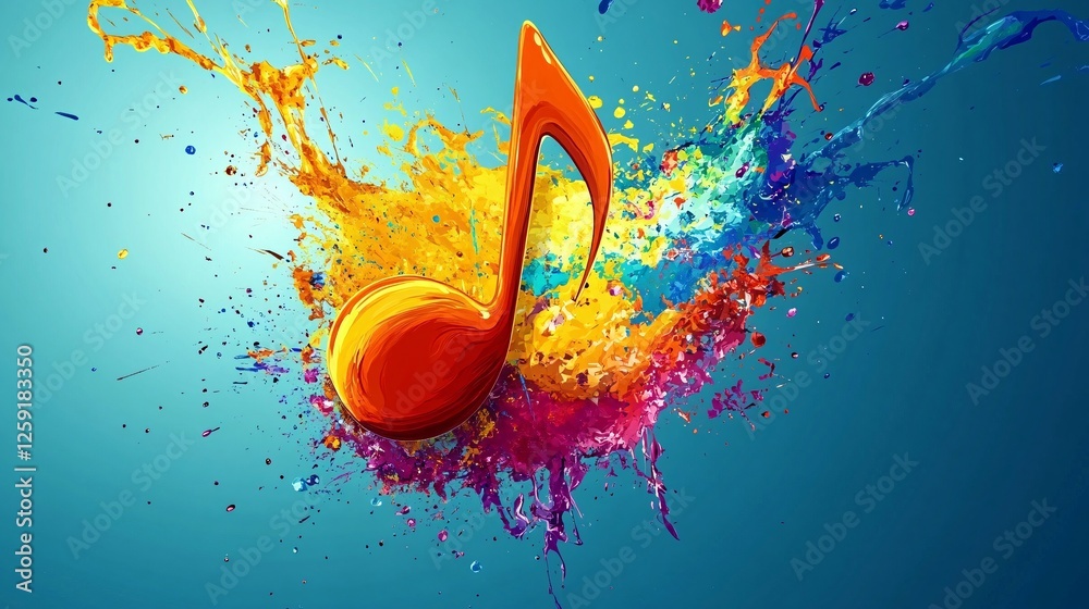 Aufkleber Large red music note exploding with colorful paint splatter on a blue background