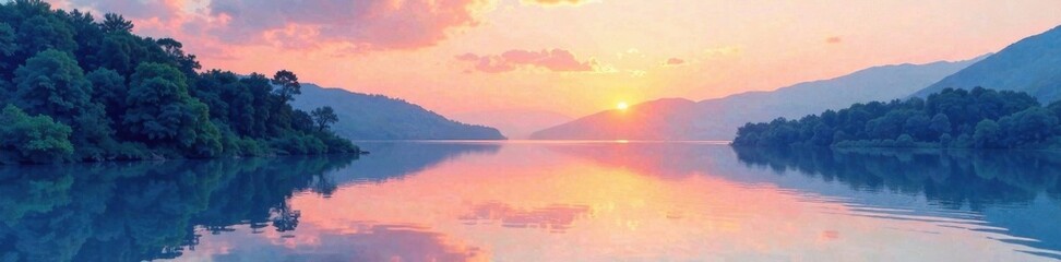 Fototapeta premium Watercolor texture overlay on a calm lake at dawn, peaceful, reflection, lake