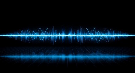 Abstract Blue Sound Wave Visualizer with Reflection and Dark Background
