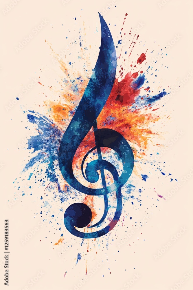 Aufkleber Treble clef is exploding with colorful watercolor paint splatter on a light yellow background