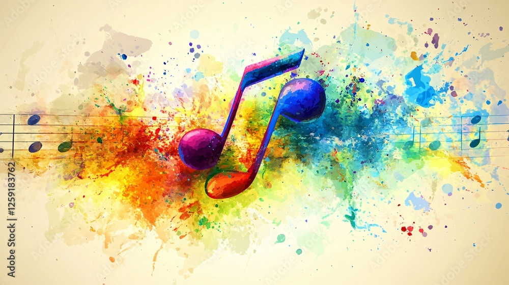 Aufkleber Music notes are exploding with color on a beige background with music staffs