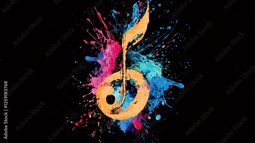 Poster vibrant paint splashes creating a sixteenth note against a black backdrop