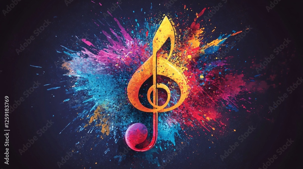 Poster golden treble clef is surrounded by an explosion of colorful paint splatters