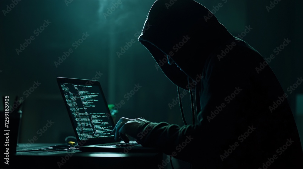 Aufkleber Hacker is programming on a laptop in a dark room