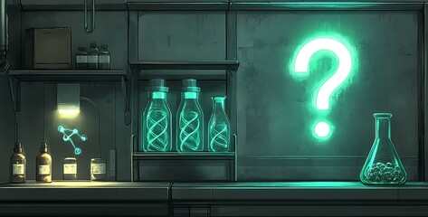 Obraz premium Glowing Green Question Mark in a Dark Laboratory Setting