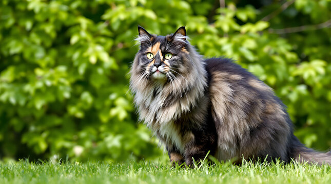 Majestic Fluffy Cat in Nature: Portrait of a Beautiful Long-Haired Feline with Green Eyes