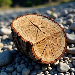 Wooden log fragment on a rocky terrain , outdoors, wood