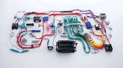 Naklejka premium Colorful Wires and Electronic Components Arranged on White Background