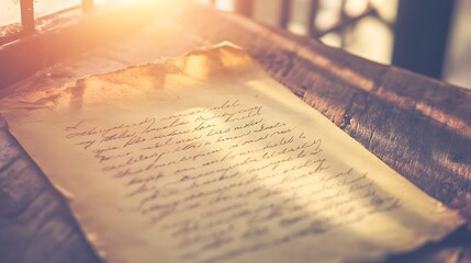 Weathered handwritten letter on aged paper placed on wooden desk, symbolizing a jail letter, evoking somber and reflective emotions, historical and nostalgic concept