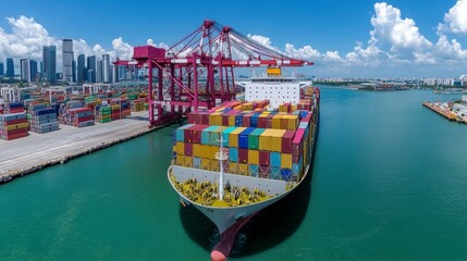 Naklejka premium Container Ship Docked at a Busy Port Under Sunny Skies