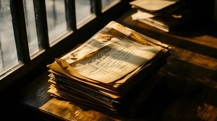 Weathered handwritten letter on aged paper placed on wooden desk, symbolizing a jail letter, evoking somber and reflective emotions, historical and nostalgic concept