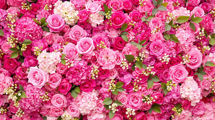 Fototapeta premium Vibrant Pink Floral Arrangement: Roses, Hydrangeas, and Green Leaves