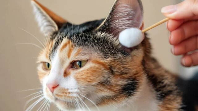 Caring for Your Calico Cat Gentle Grooming and Ear Care with Cotton Swabs for Pet Health