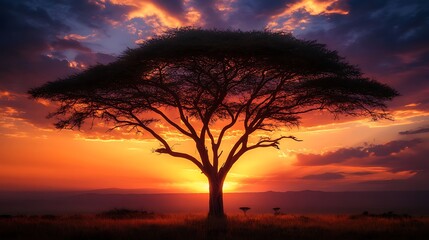 Obraz premium African Sunset: Silhouette of an Acacia Tree at Golden Hour