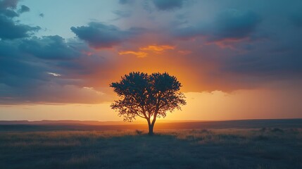 Fototapeta premium Solitary Tree at Sunset: A Serene Landscape