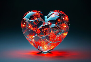 Ein leuchtendes, gläsernes Herz mit funkelnden Lichtern und filigranen Details auf dunklem Hintergrund. Ein modernes und magisches Liebessymbol. Generative KI.