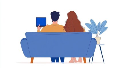 Obraz premium Couple Relaxing on Blue Sofa Using Tablet