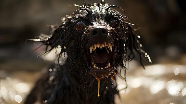 Aggressive rabid dog snarling with frothy saliva, intense eyes, and raised fur, isolated on a blurred background. Concept of danger, wild animal behavior, and rabies awareness