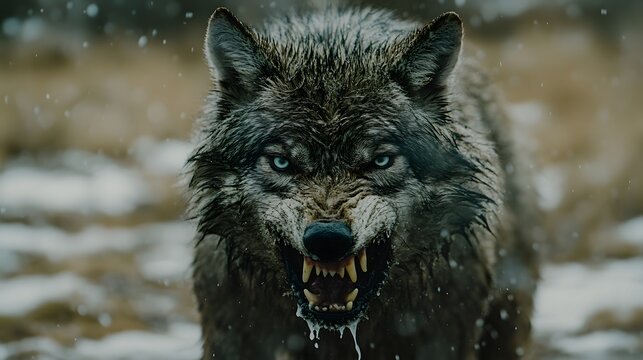 Aggressive rabid dog snarling with frothy saliva, intense eyes, and raised fur, isolated on a blurred background. Concept of danger, wild animal behavior, and rabies awareness