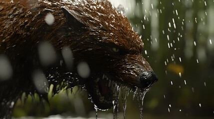 Aggressive rabid dog snarling with frothy saliva, intense eyes, and raised fur, isolated on a blurred background. Concept of danger, wild animal behavior, and rabies awareness