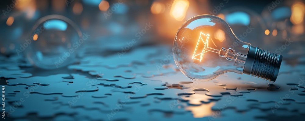 Aufkleber light bulb is glowing on top of puzzle pieces symbolizing problem solving and new ideas