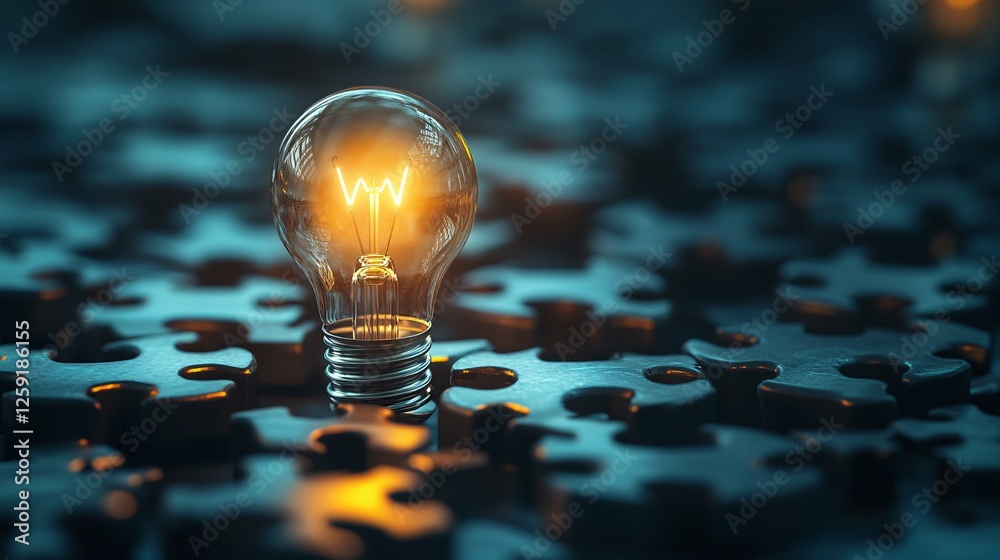 Leinwandbilder Bright light bulb illuminates a dark puzzle, symbolizing problem-solving and finding a solution