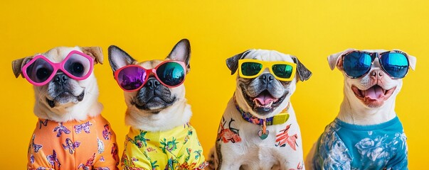 Four dogs wearing sunglasses and shirts are posing on a yellow background