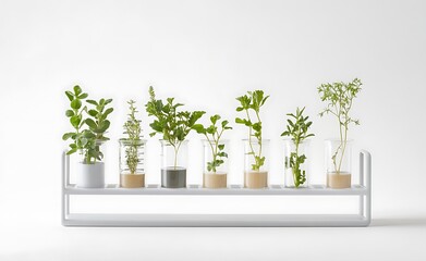 Fototapeta premium A set of test tubes and beakers with plants inside, on a white background