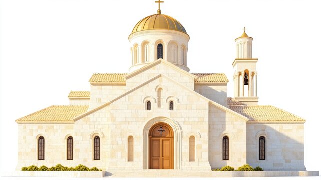 Cream Stone Church with Golden Dome and Bell Tower