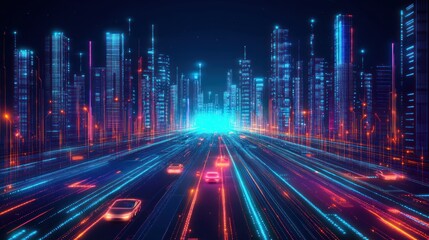 Futuristic Cityscape Illuminated Night Highway Cars
