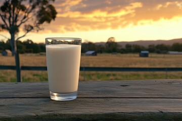 Refreshing Glass of Milk on a Rustic Wooden Table with Beautiful Sunset Background Over a Peaceful Landscape