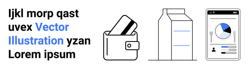 Wallet with credit card inserted, milk carton, and smartphone displaying a pie chart and bar graph. Ideal for finance, grocery, e-commerce, mobile apps, technology, budgeting digital payments