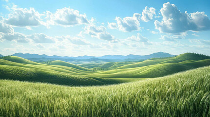Fototapeta premium Lush Green Rolling Hills Under a Bright Blue Sky with Fluffy White Clouds in a Serene Landscape