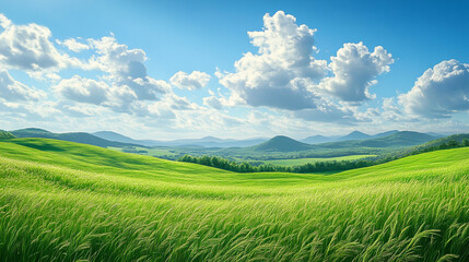 Fototapeta premium Lush Green Fields Under a Bright Blue Sky with Fluffy White Clouds and Rolling Hills in a Serene Rural Landscape