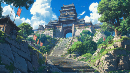 Obraz premium Majestic Ancient Castle Surrounded by Lush Greenery Under a Bright Blue Sky with Fluffy Clouds and Traditions in an Enchanted Landscape